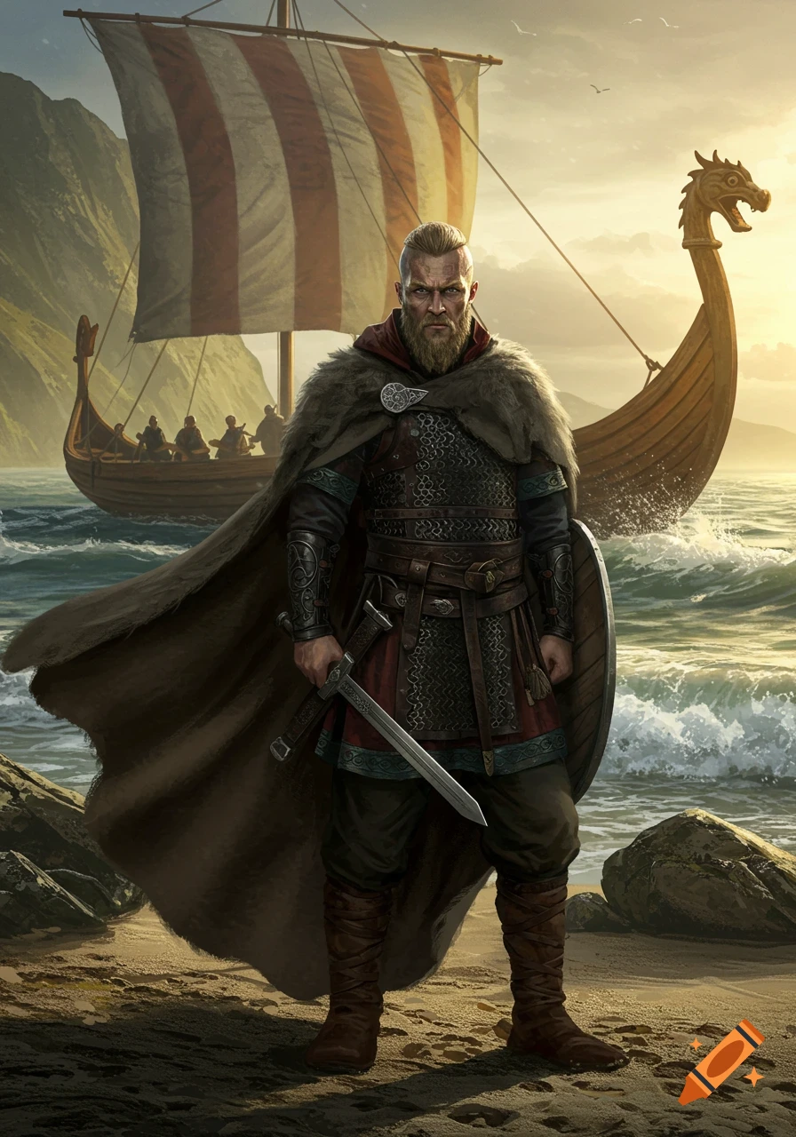 A bearded Viking warrior in full armor and a fur cape stands on a rocky shore, holding a sword and shield, with a longboat at sea behind him at sunset.