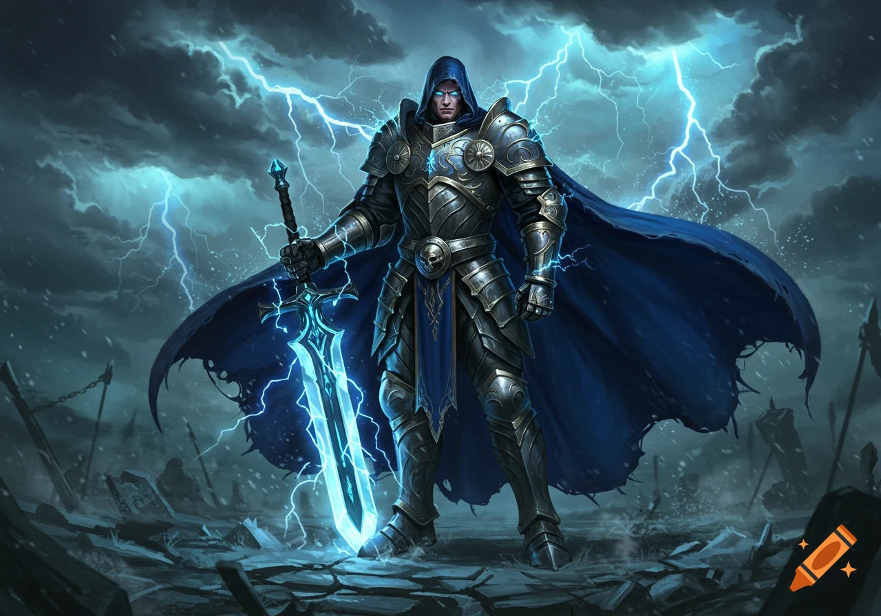 A powerful human paladin in intricate armor holding a glowing, lightning-charged greatsword under a stormy sky with lightning.