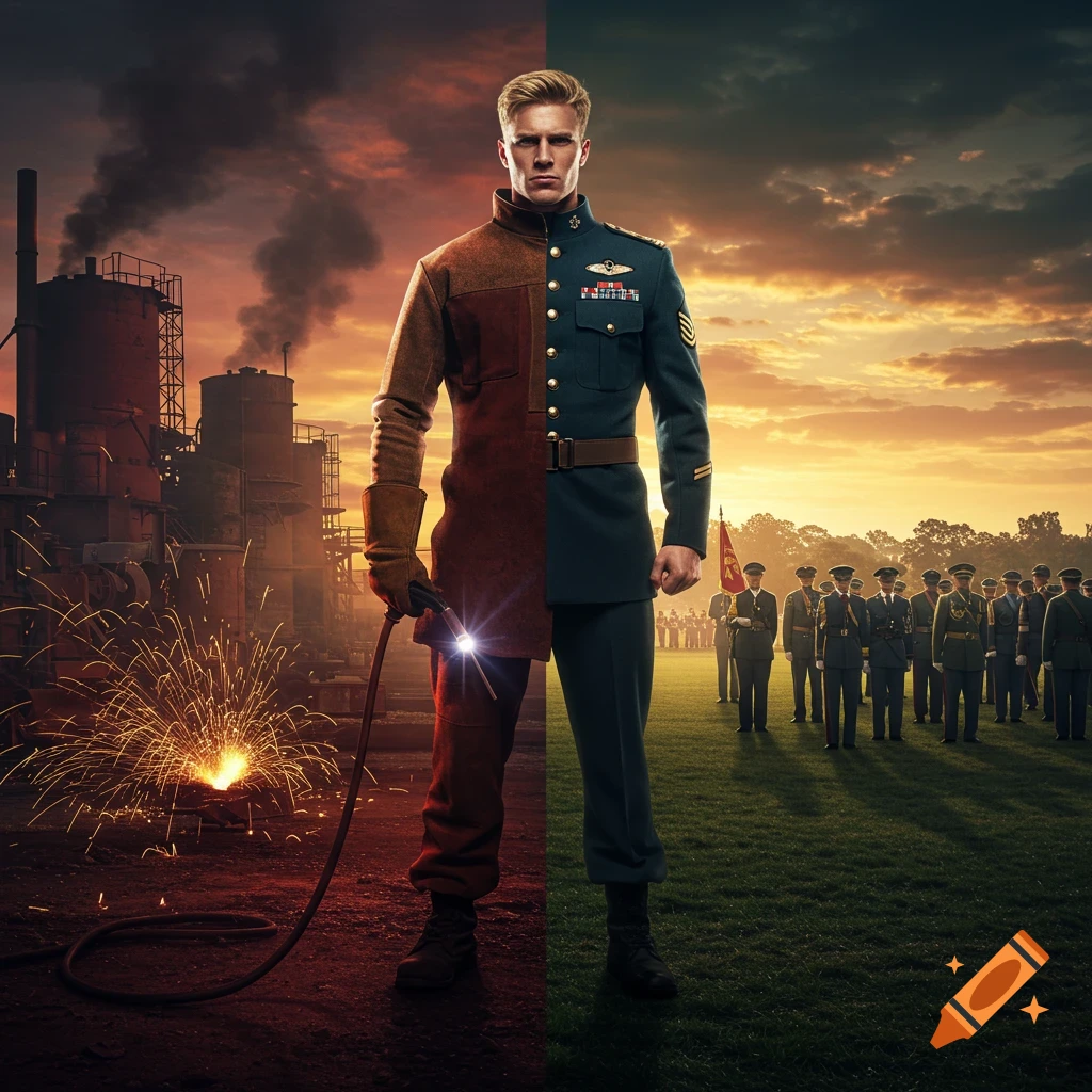A man split in two, half welder with an industrial background and half military officer with soldiers on a field.