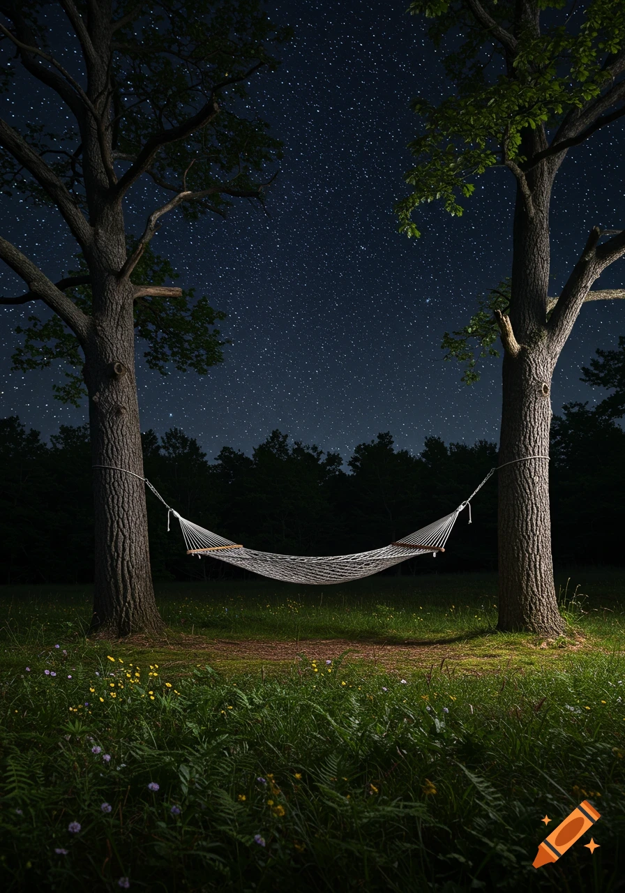 A white rope hammock strung between two large trees under a dark night sky filled with countless stars, with grass and flowers in the foreground.