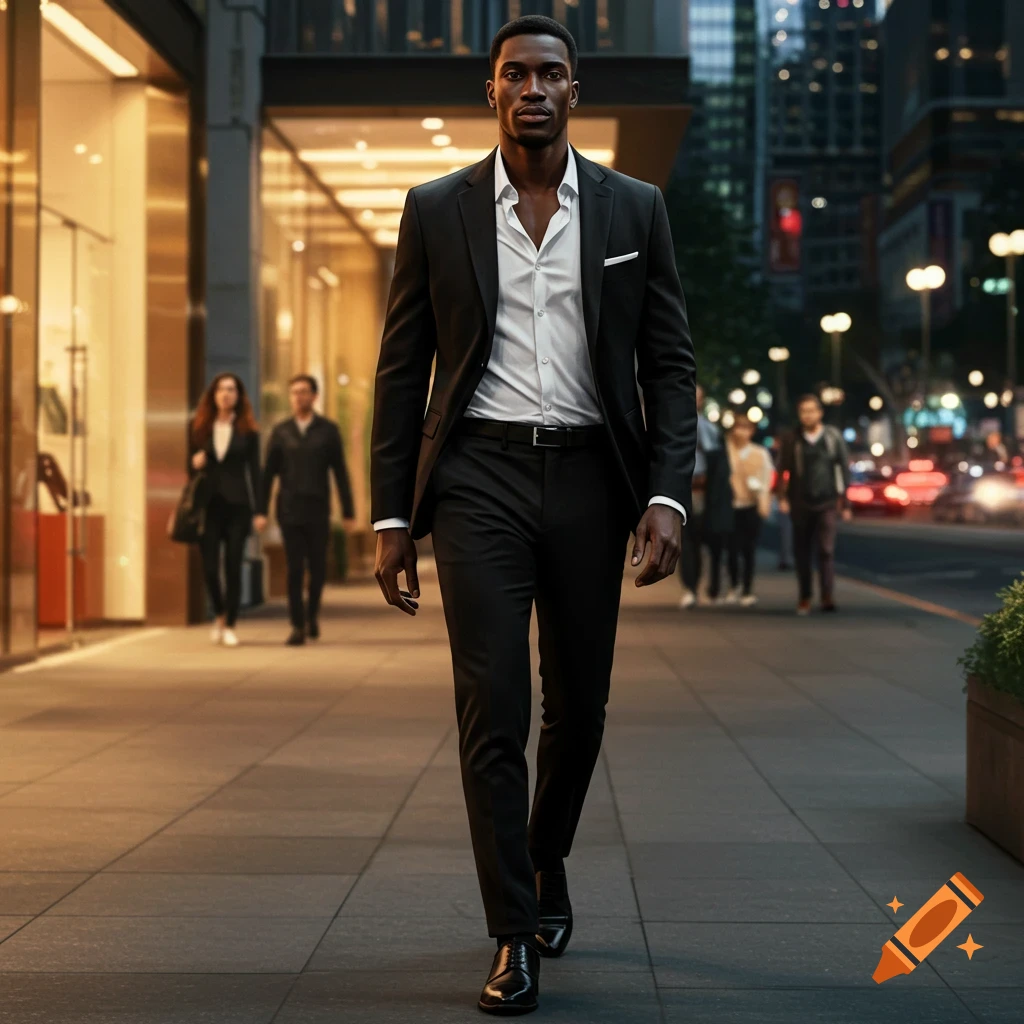 Photorealistic image of a man in a black suit and white shirt walking confidently on a city sidewalk at dusk.