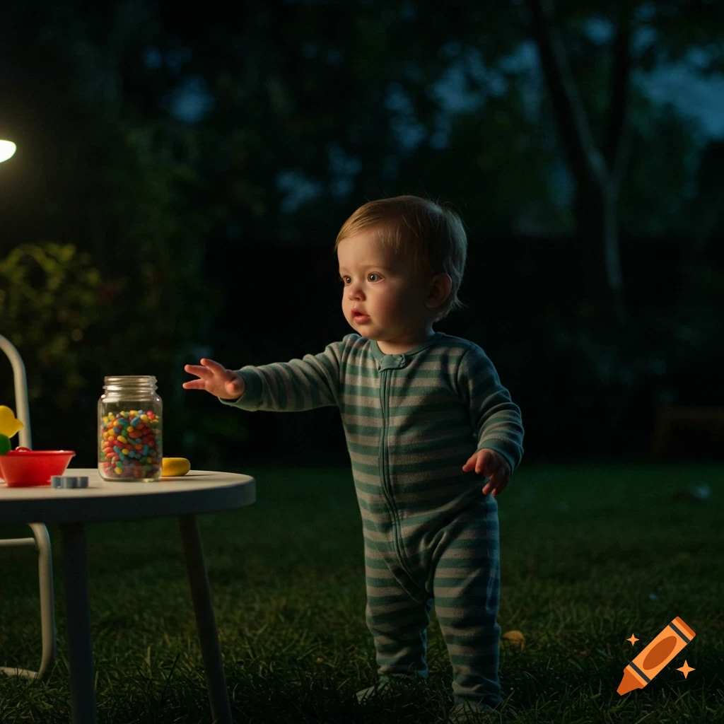 A photorealistic image of a toddler in striped pajamas reaching for a jar of colorful candy on a small table in a dark backyard at night.