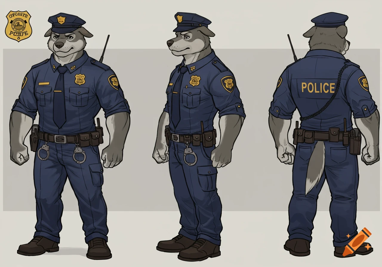 Character reference sheet for a muscular anthropomorphic dog in a police uniform, shown from front, side, and back views.