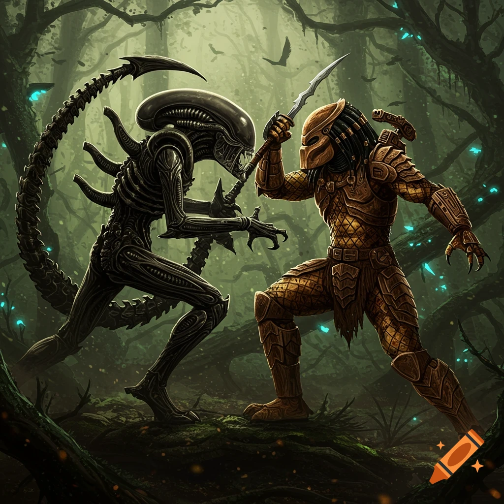 A detailed illustration of a black Xenomorph fighting a gold-armored Predator with a spear in a dark, glowing forest.