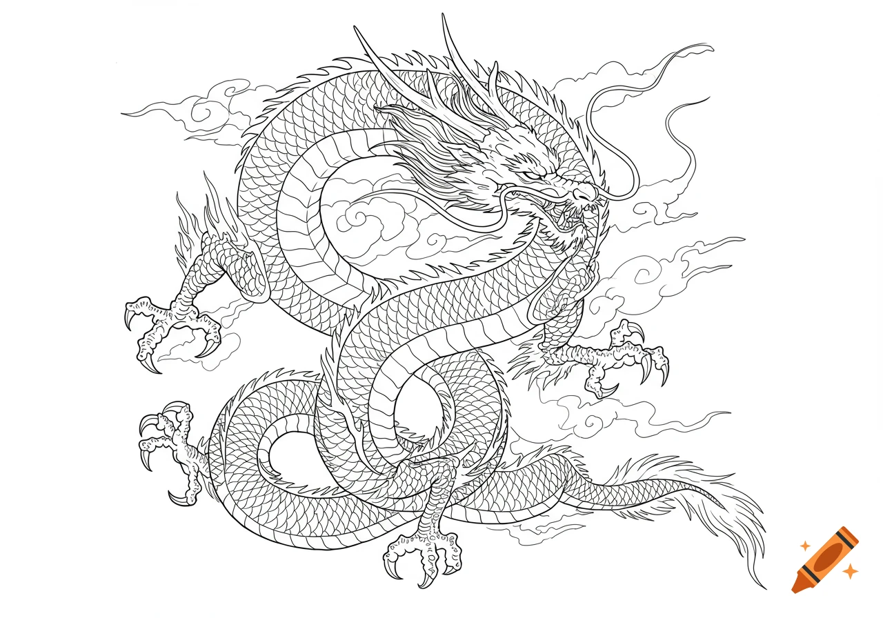 Detailed black and white line art of a serpentine dragon with scales, claws, and flowing hair, surrounded by stylized clouds.