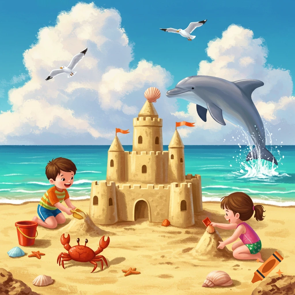 Two children building a sandcastle on a sunny beach, with a dolphin jumping from the ocean and seagulls flying, illustration.