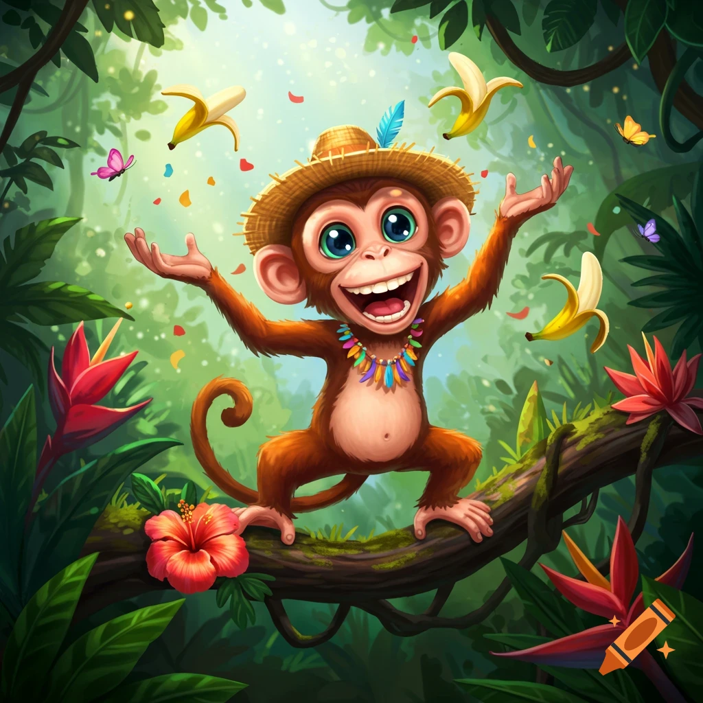 A cheerful cartoon monkey in a straw hat with big eyes sits on a jungle branch, arms wide, with floating bananas and confetti.