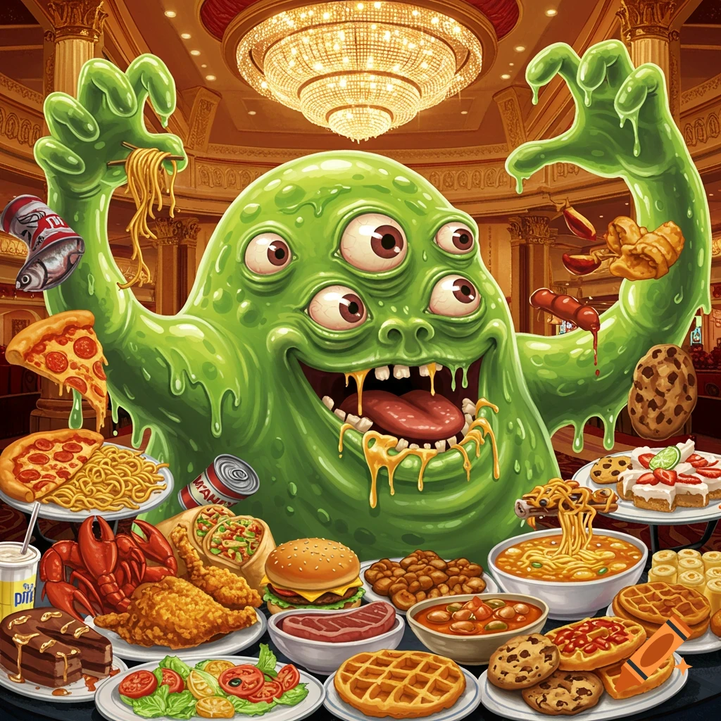 A vibrant, cartoonish green slime monster with multiple eyes devours various foods at a lavish Las Vegas buffet.