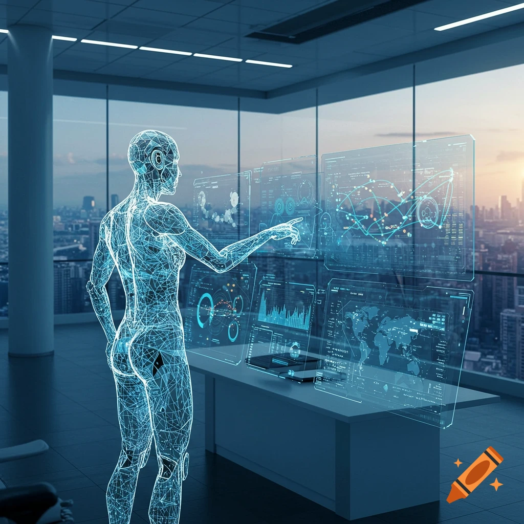 A glowing wireframe AI agent interacts with multiple holographic screens displaying data in a futuristic office overlooking a city skyline at sunset.