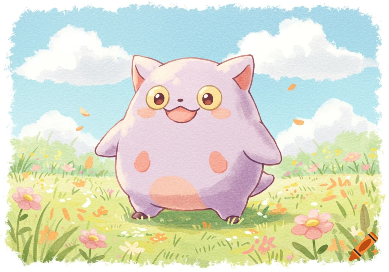 A watercolor illustration of a purple, round, cat-like creature named Dumud standing in a field of green grass and wildflowers under a blue sky with clouds.