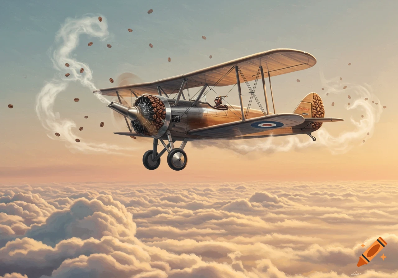 An illustrated biplane, modified with coffee pot features and an engine made of coffee beans, flies above clouds.