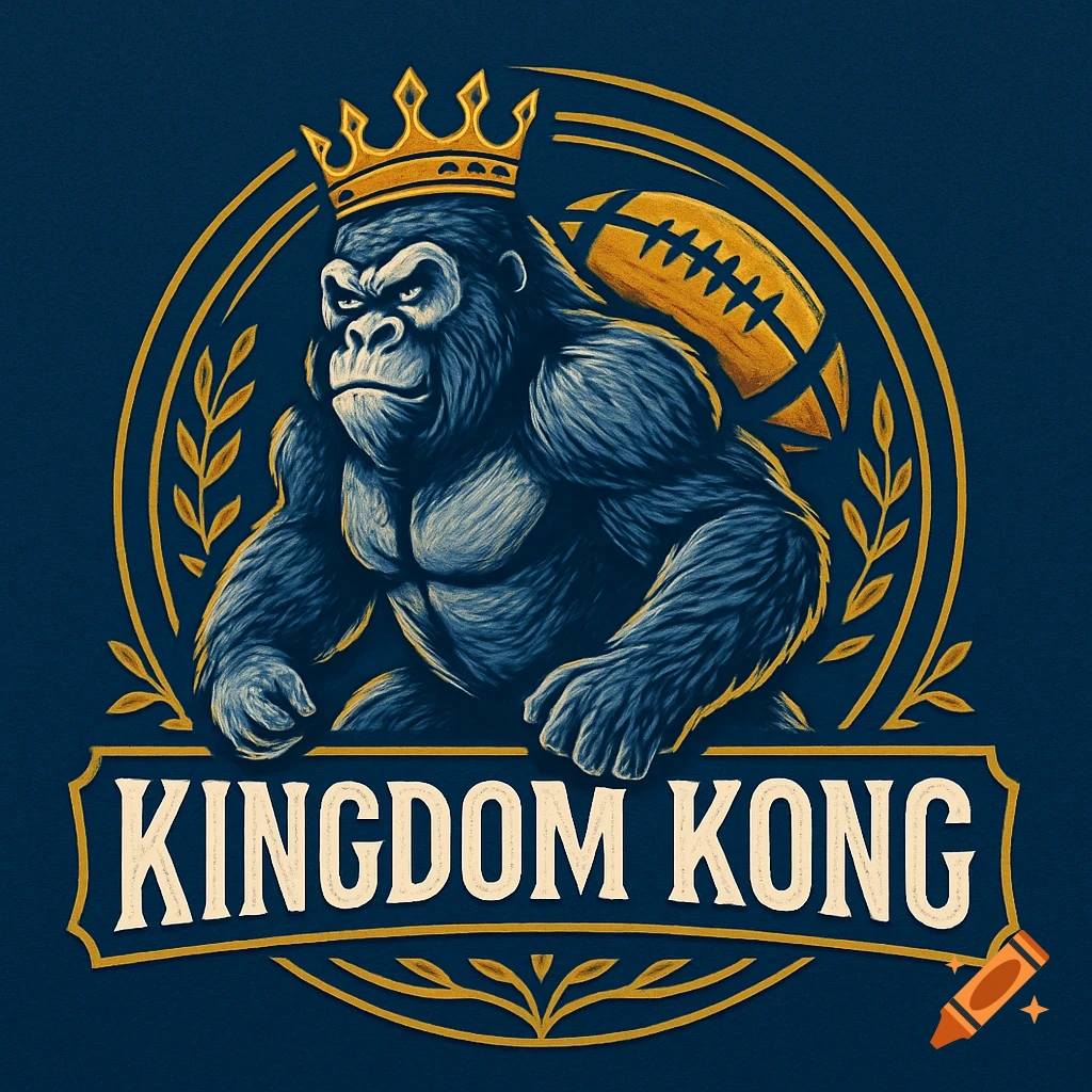 A blue and gold logo featuring a muscular gorilla wearing a crown, with a football behind its head, and 'KINGDOM KONG' text below.