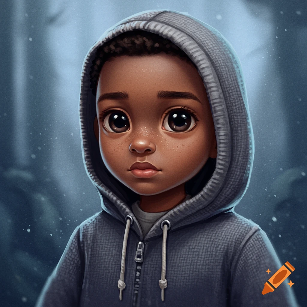 A cartoon portrait of a young Black boy with large eyes and freckles, wearing a gray hoodie.