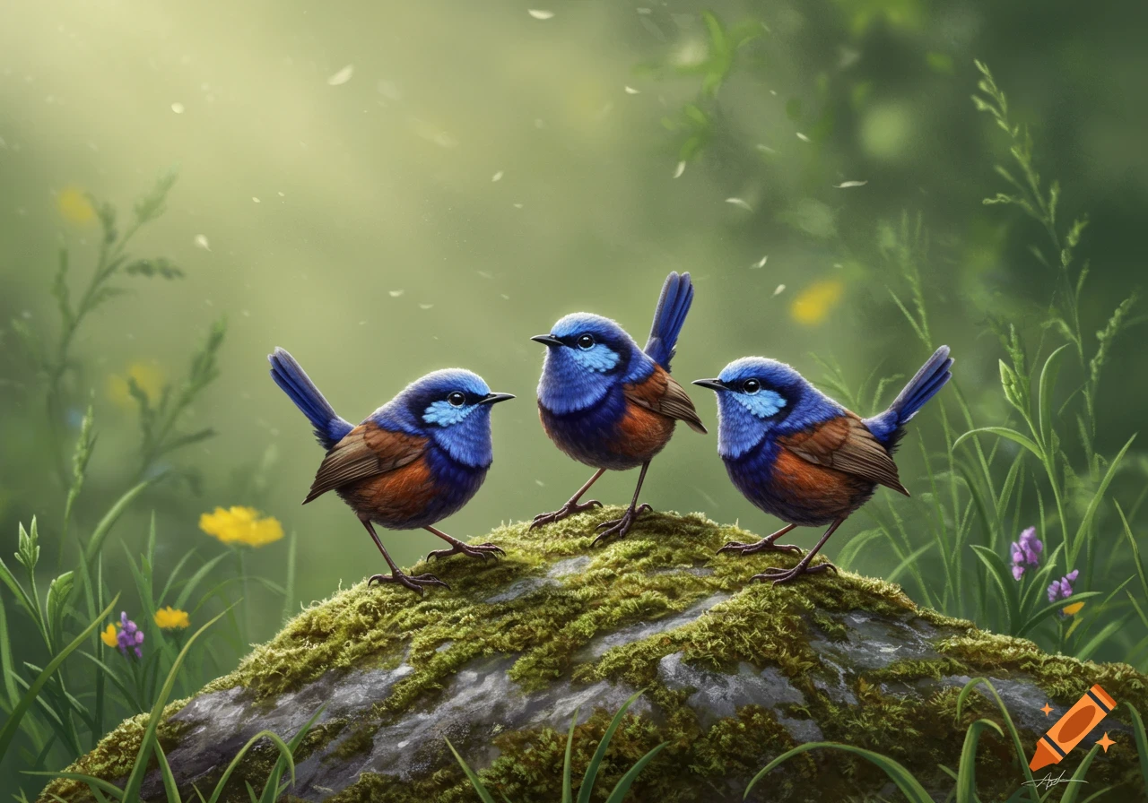 Three blue and brown superb wrens stand on a mossy rock in a lush, green forest.