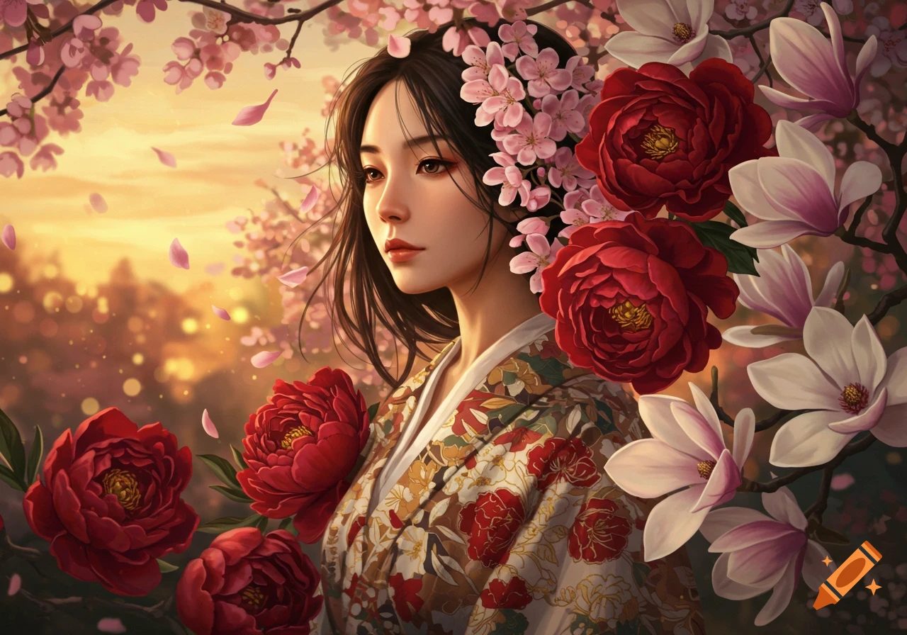 A beautifully rendered digital art portrait of an Asian woman in a kimono surrounded by pink cherry blossoms, red peonies, and white magnolias at sunset.