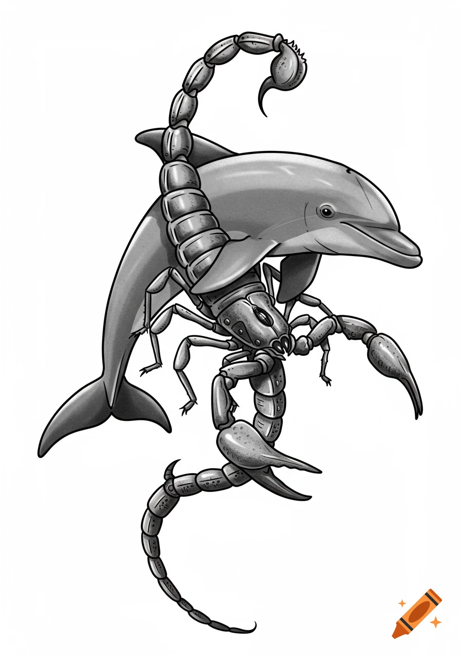 A black and white illustration of a dolphin with a scorpion wrapped around its body, resembling a tattoo design.
