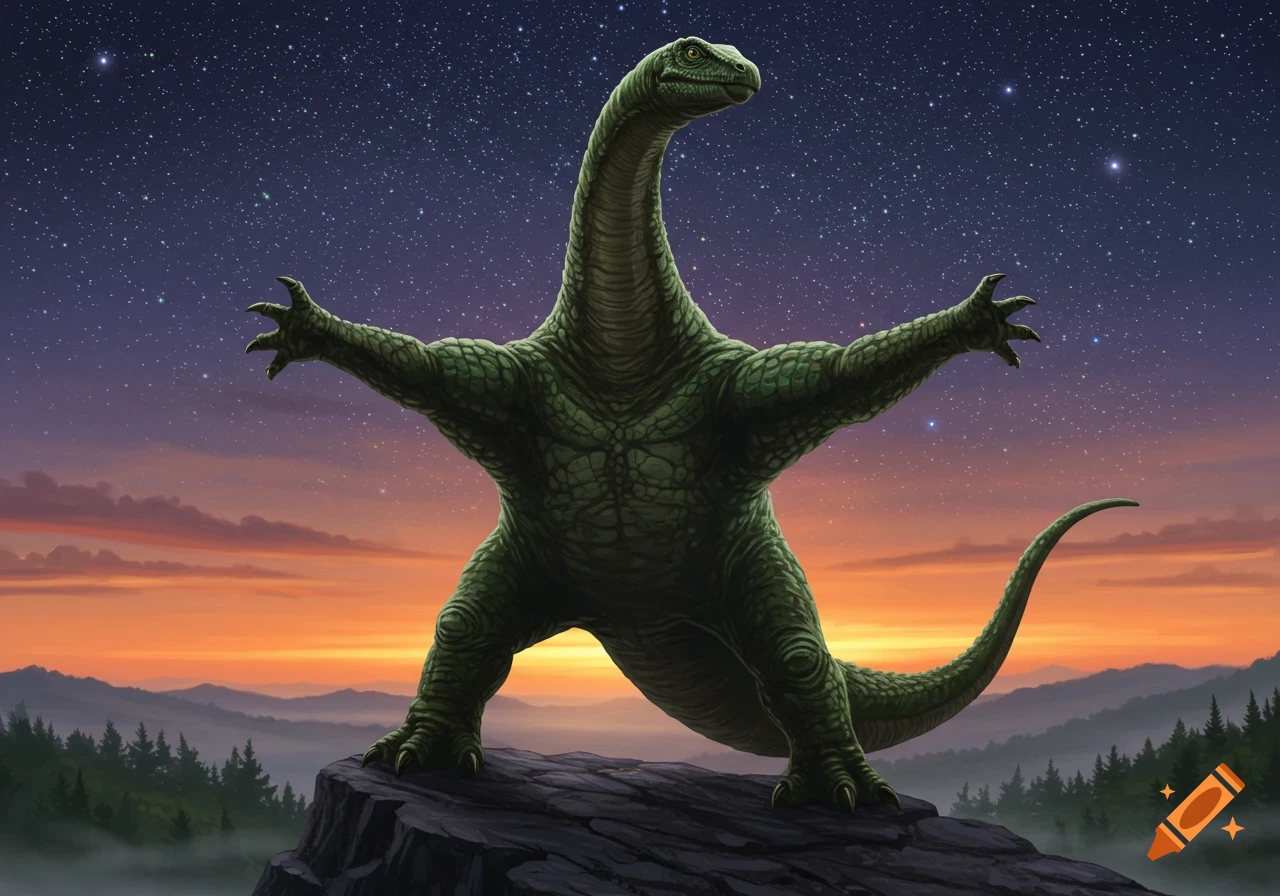 A muscular green dinosaur-like creature stands on a rocky cliff with arms spread wide, overlooking misty mountains under a starry, twilight sky.
