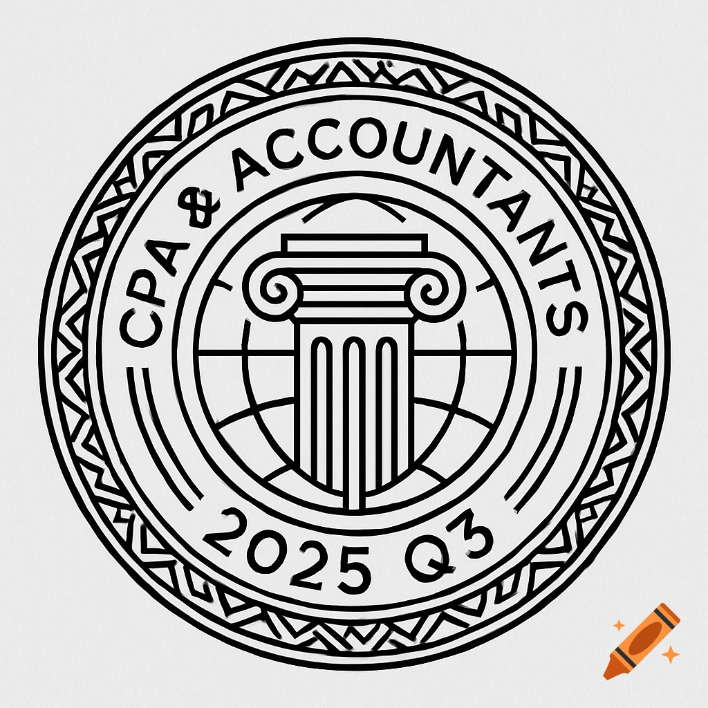 Black and white circular badge with 'CPA & ACCOUNTANTS 2025 Q3' text and a classical column in the center.