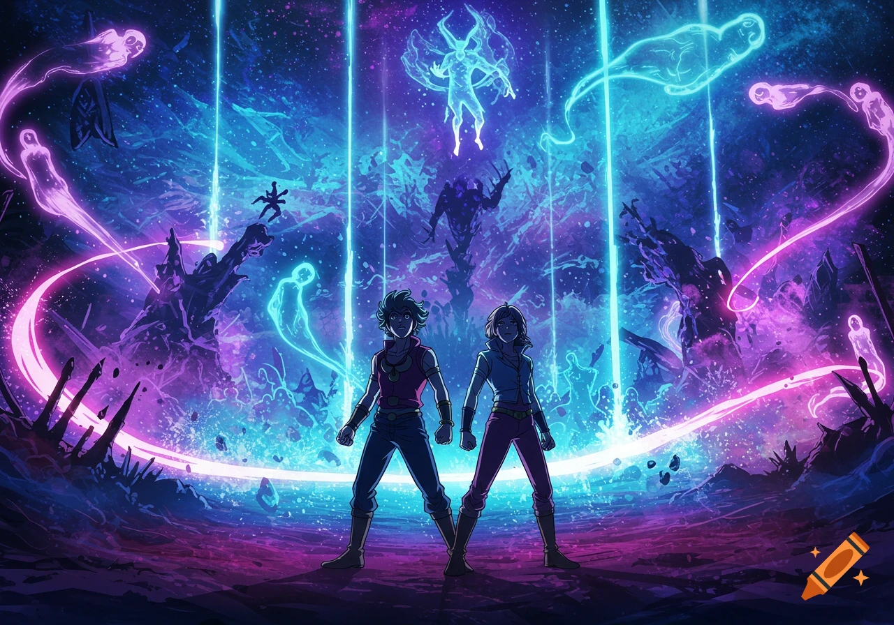 Two anime characters stand in a vibrant cosmic landscape filled with glowing blue and pink ethereal beings and energy.