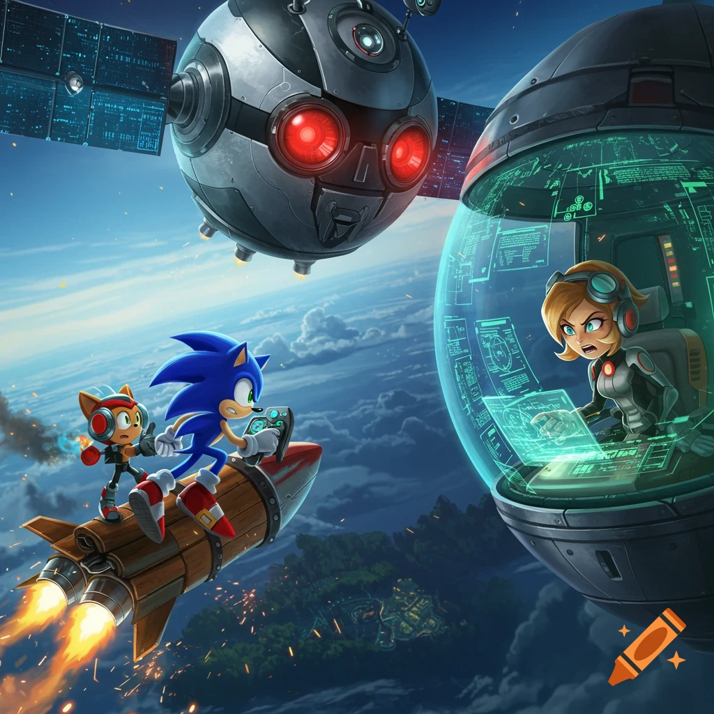 Sonic and a fox-like character on a rocket fly past a satellite and a bubble-encased pilot with glowing screens, high in the sky.