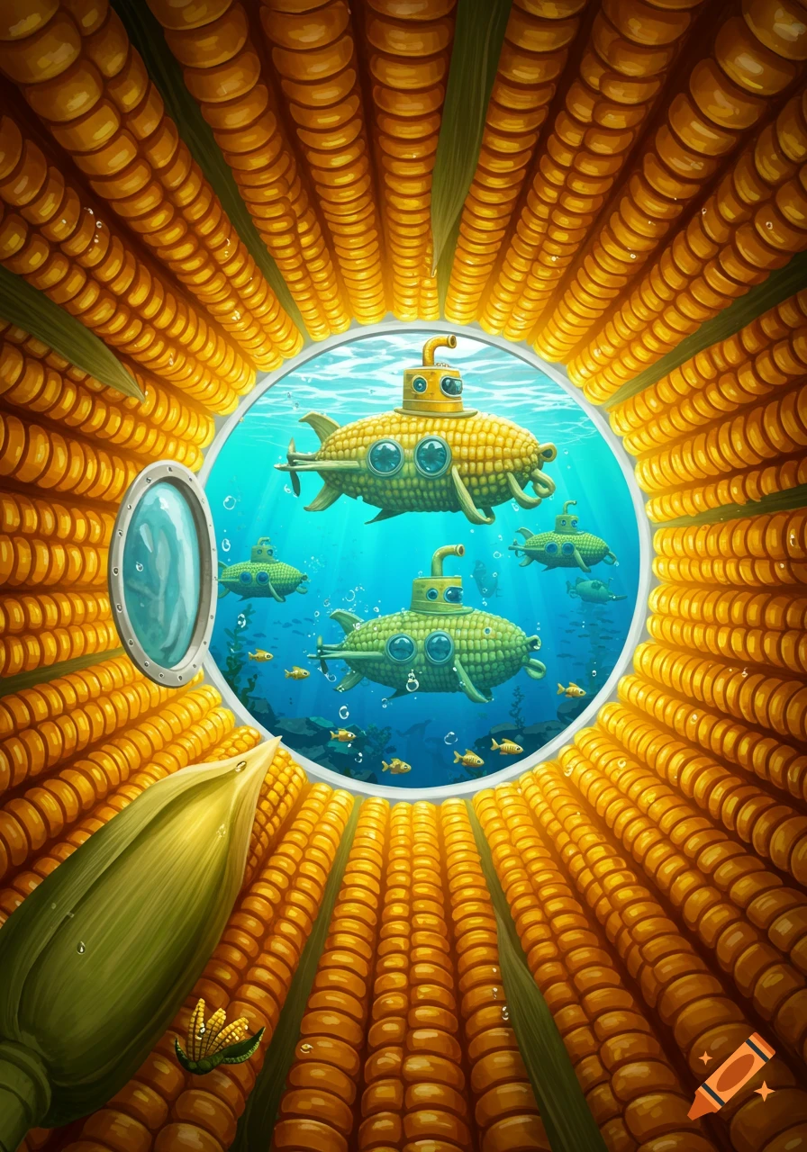 Cartoonish view from inside a corn tunnel showing yellow corn submarines swimming underwater with small fish.
