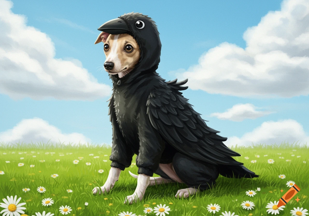 A whippet puppy wearing a black crow costume sits in a sunny green field filled with white daisies under a blue sky.