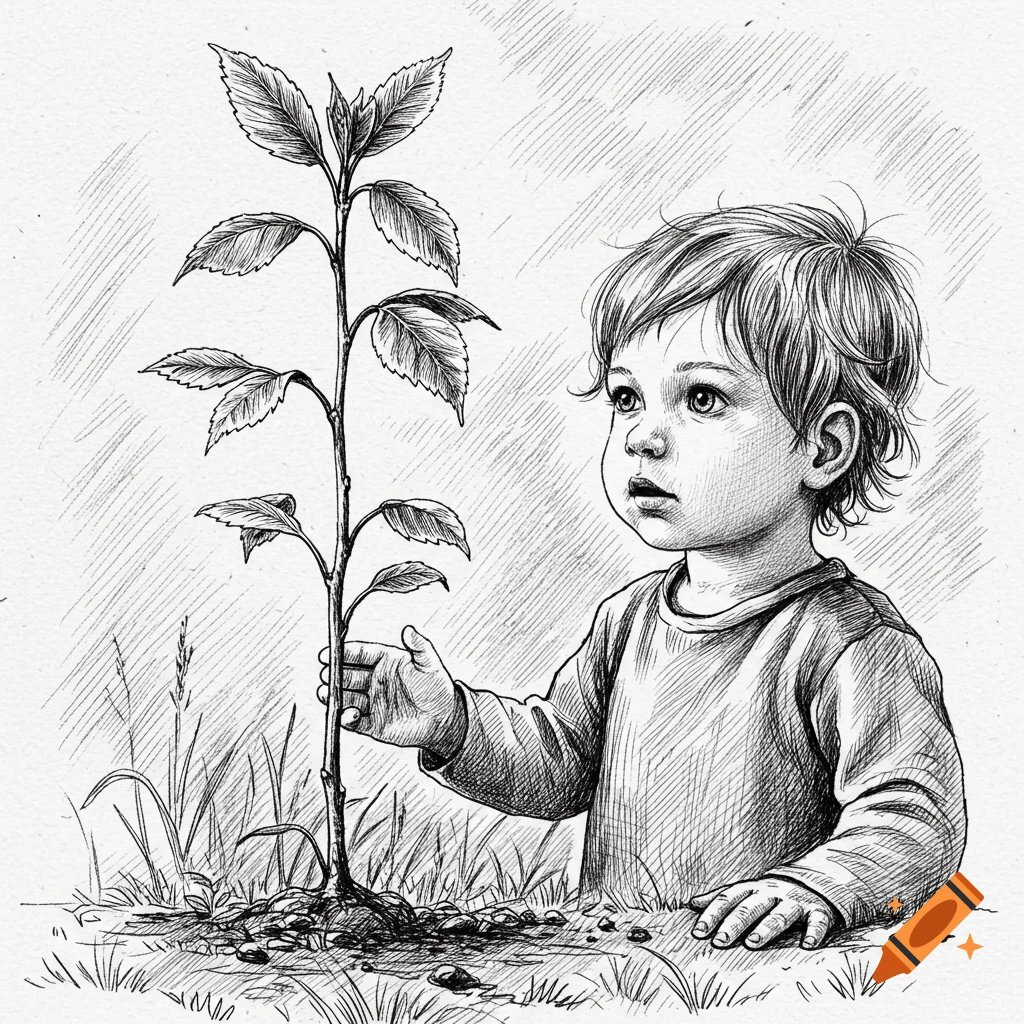 A black and white sketch of a young child kneeling next to a sapling tree.