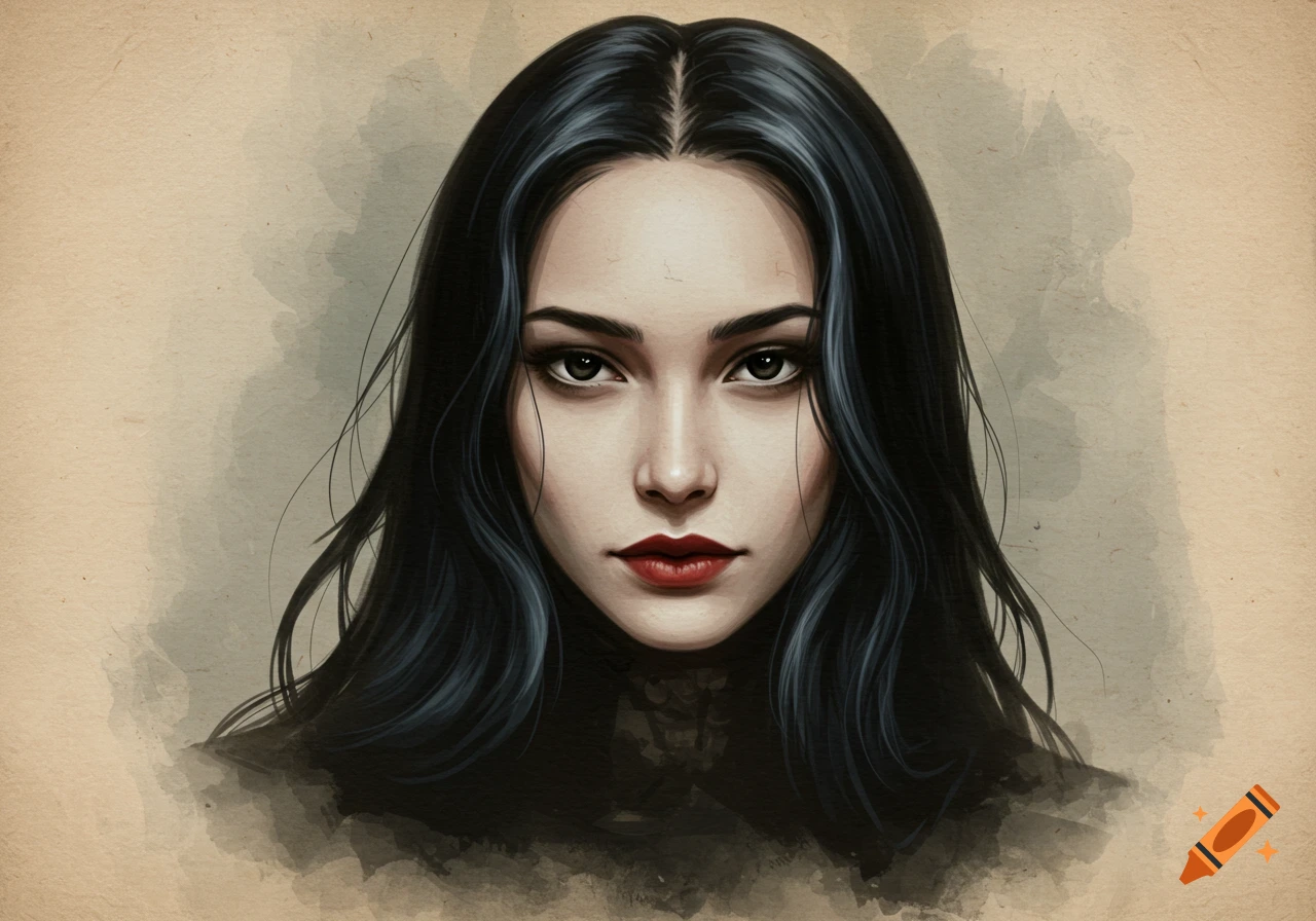 Watercolor portrait of a young woman with black hair, dark eyes, and red lips, on an aged paper background. She has a serious expression.
