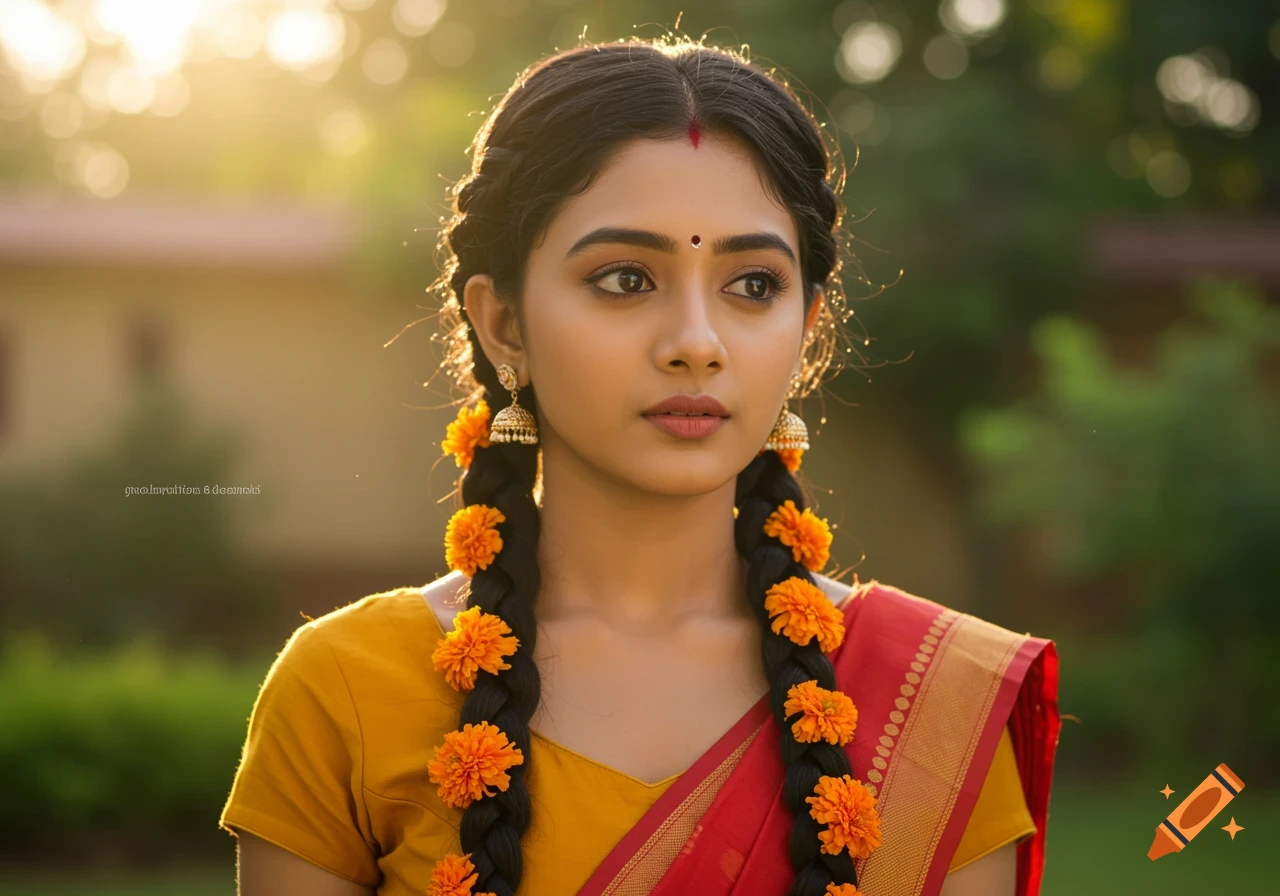 Photorealistic portrait of a young Indian woman with braids adorned with orange flowers, wearing traditional attire in golden hour light.