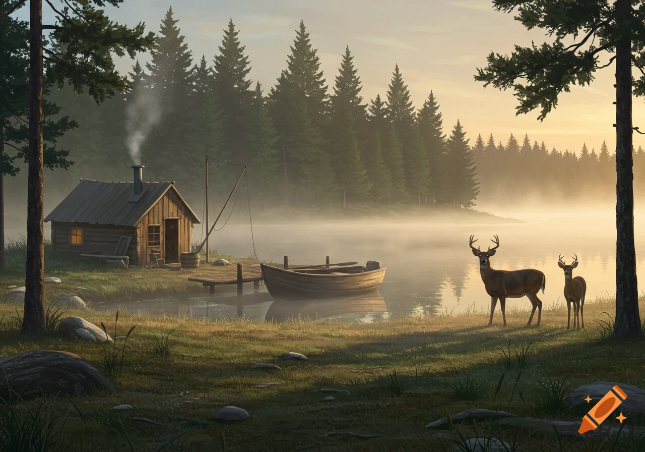 A serene painting of a wooden cabin by a misty lake at sunrise, with a small boat tied to a dock and two deer standing on the grassy shore.