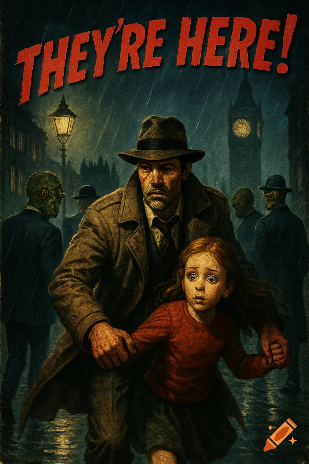 Vintage pulp fiction cover showing a man and a child running scared in a rainy city from shadowy reptilian figures, with text 'THEY'RE HERE!'.