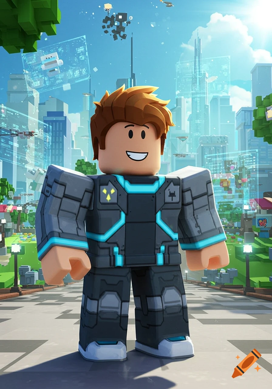 A smiling Roblox character in a grey and blue futuristic suit stands in a blocky city with floating digital screens and structures.