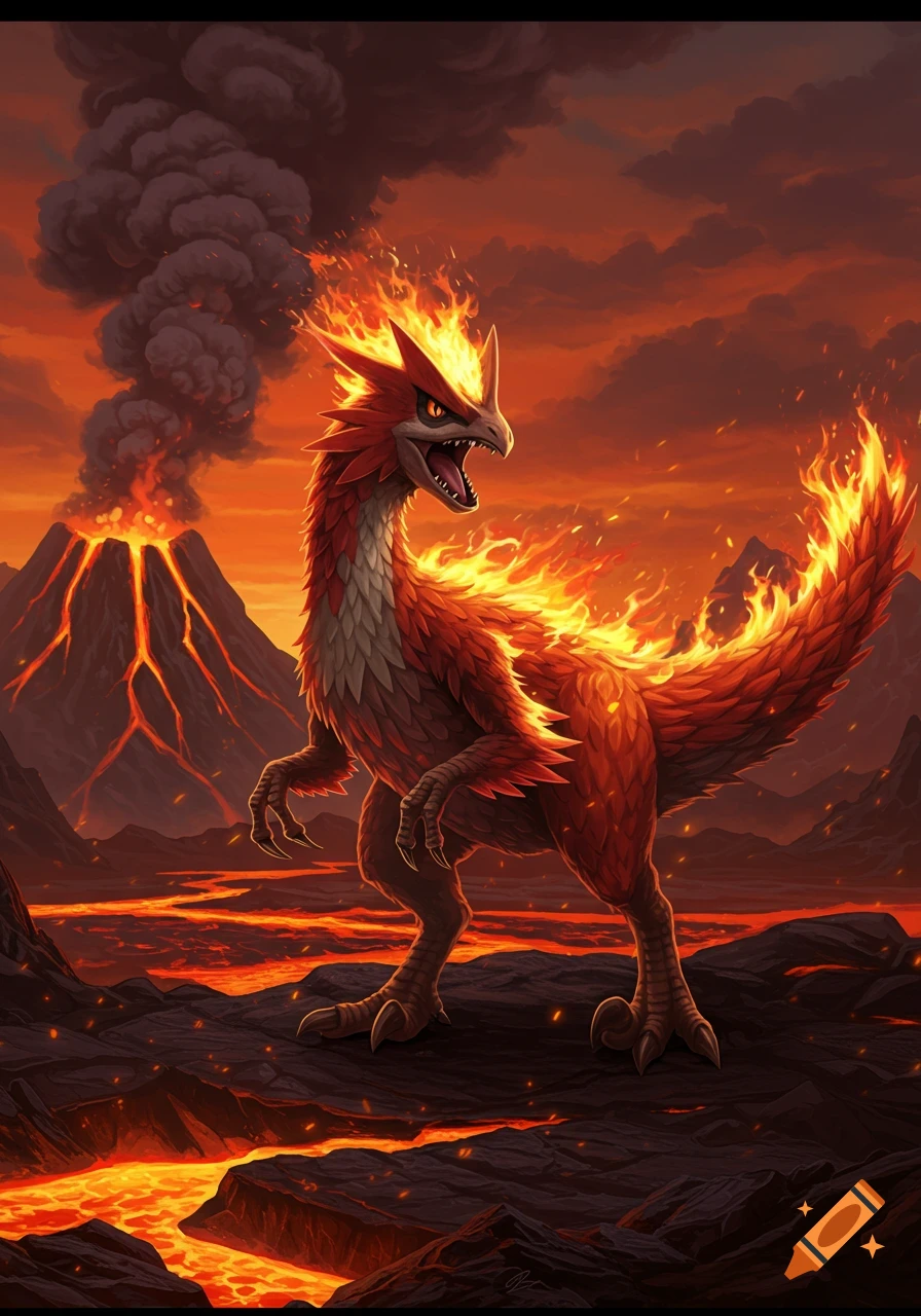 A fiery, red-feathered dinosaur-like creature with flames on its back stands in a volcanic landscape with an erupting volcano.