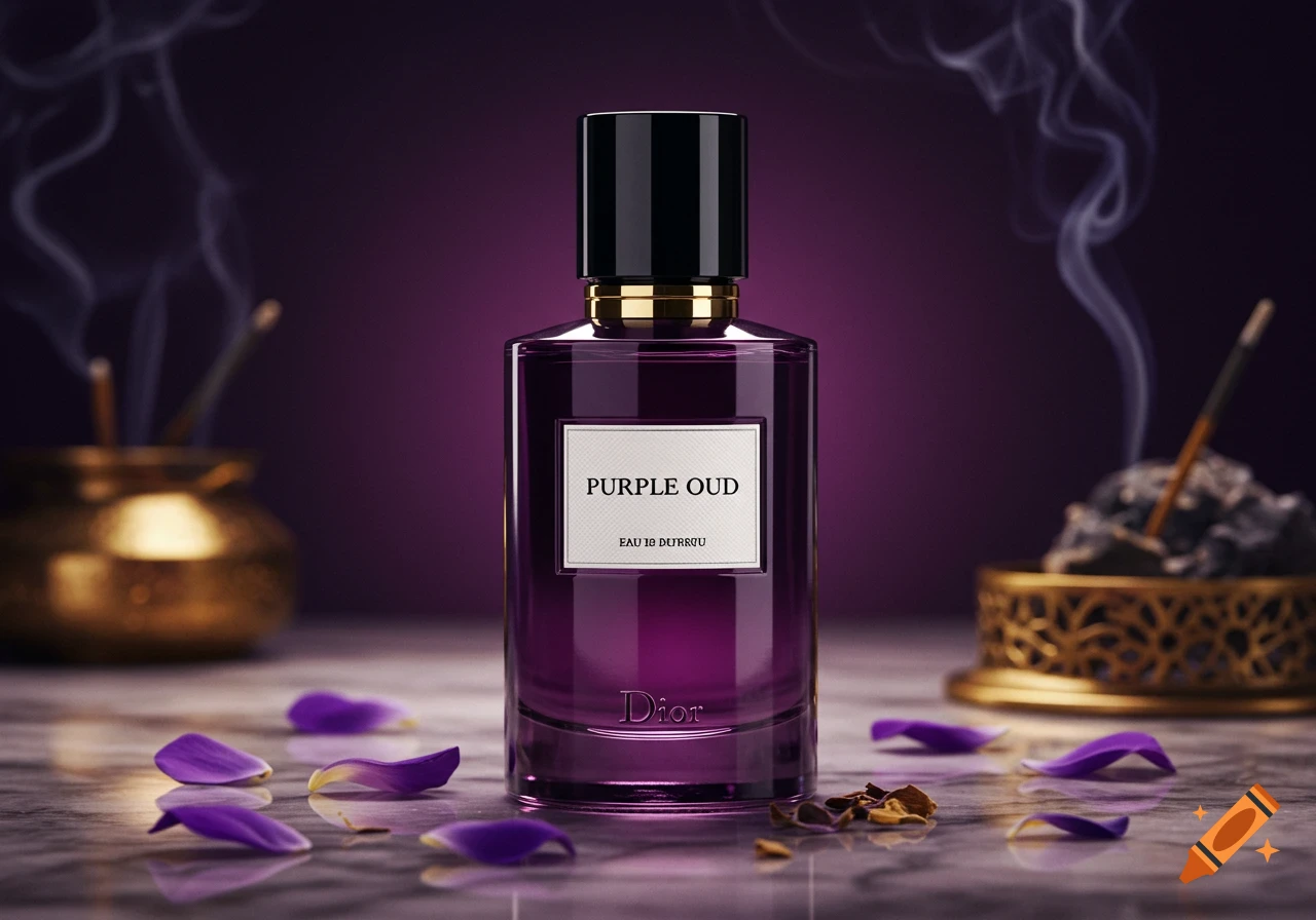 A photorealistic purple perfume bottle with a black cap, labeled "PURPLE OUD" and "Dior", surrounded by purple petals and smoke from incense burners on a marble surface.