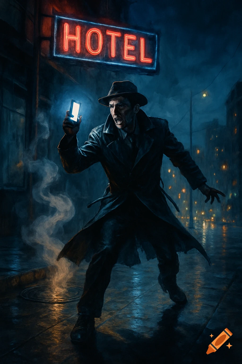 Man in trench coat holds glowing phone on dark, rainy city street under red neon 'HOTEL' sign, painterly style.