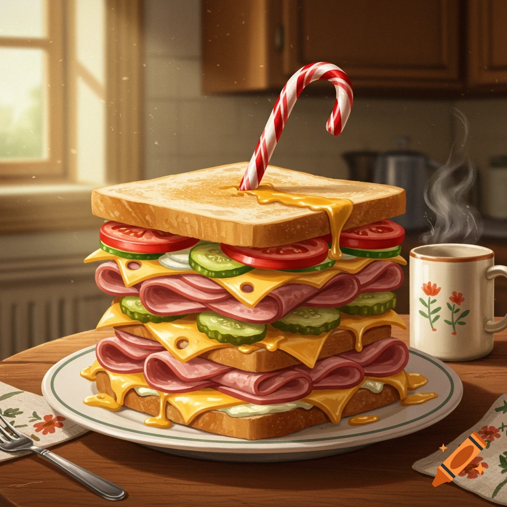 A tall sandwich with ham, cheese, tomatoes, and pickles, topped with a candy cane, on a plate with a steaming mug on a wooden table.