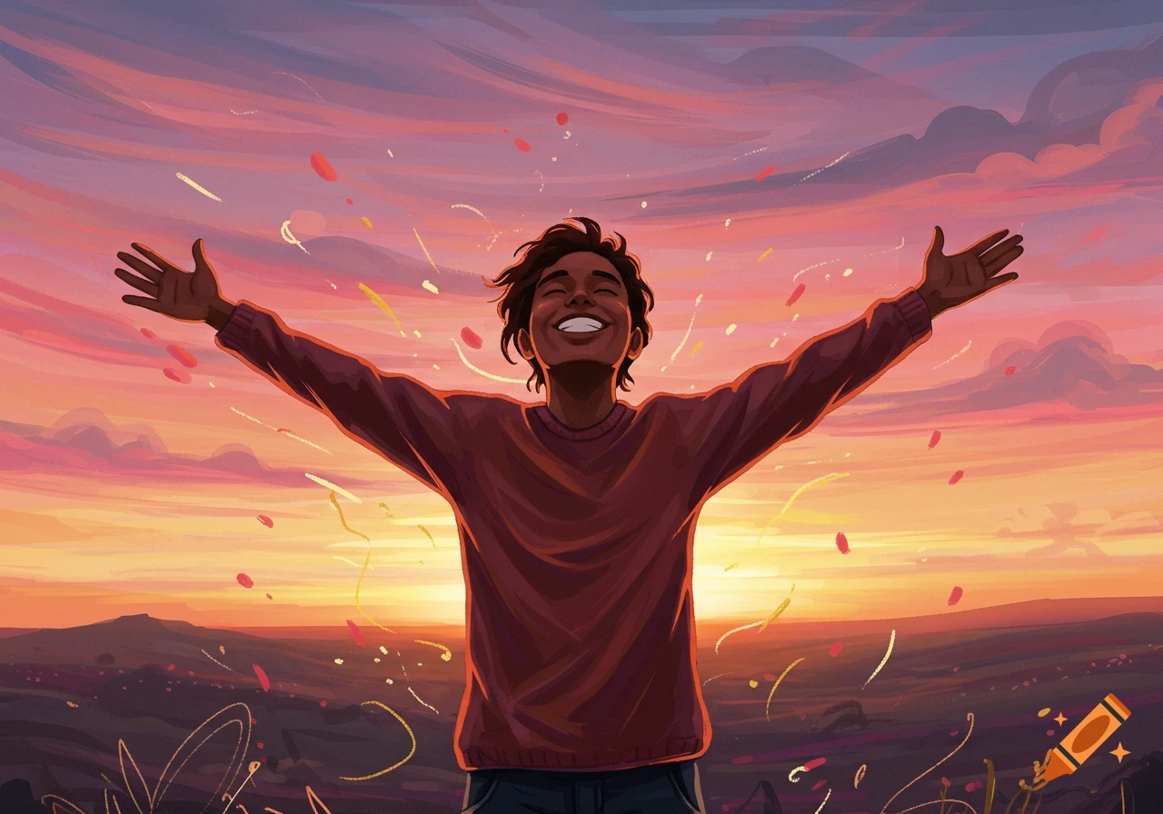 An illustration of a person with outstretched arms, smiling joyfully at a vibrant sunset with colorful confetti.