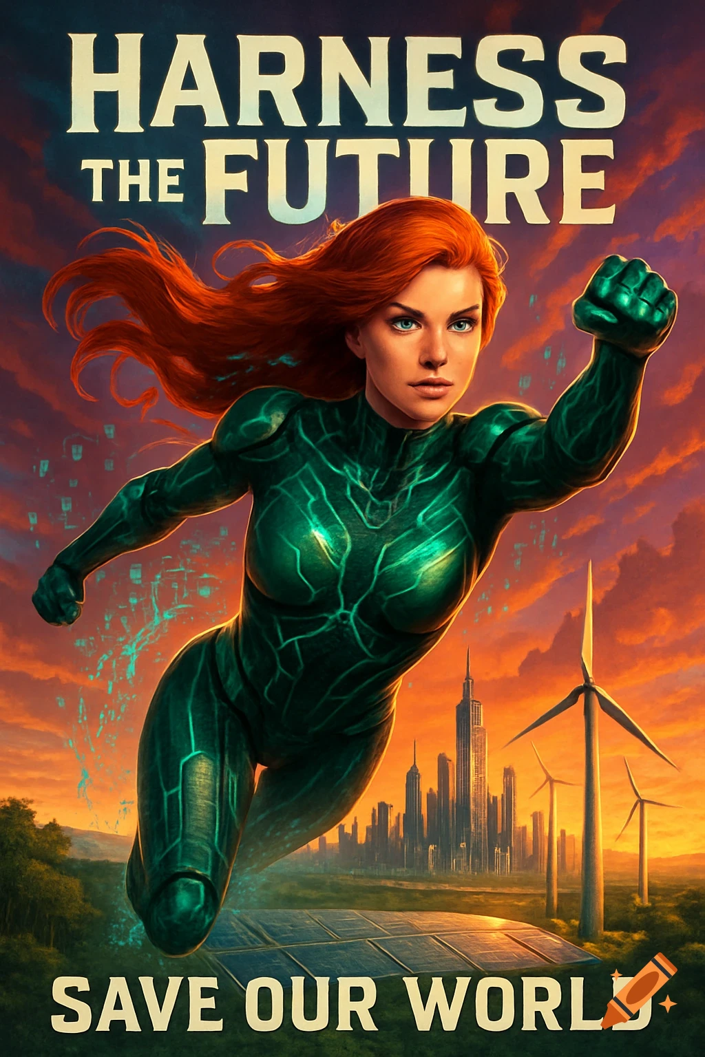 A red-haired female superhero in a green suit flies over a landscape with solar panels, wind turbines, and a city skyline, with text 'HARNESS THE FUTURE' and 'SAVE OUR WORLD'.