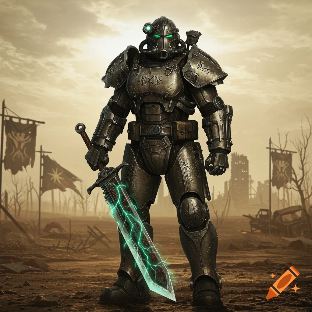 A heavily armored warrior in a power suit holds a glowing sword in a desolate, post-apocalyptic landscape with ruined buildings and flags.