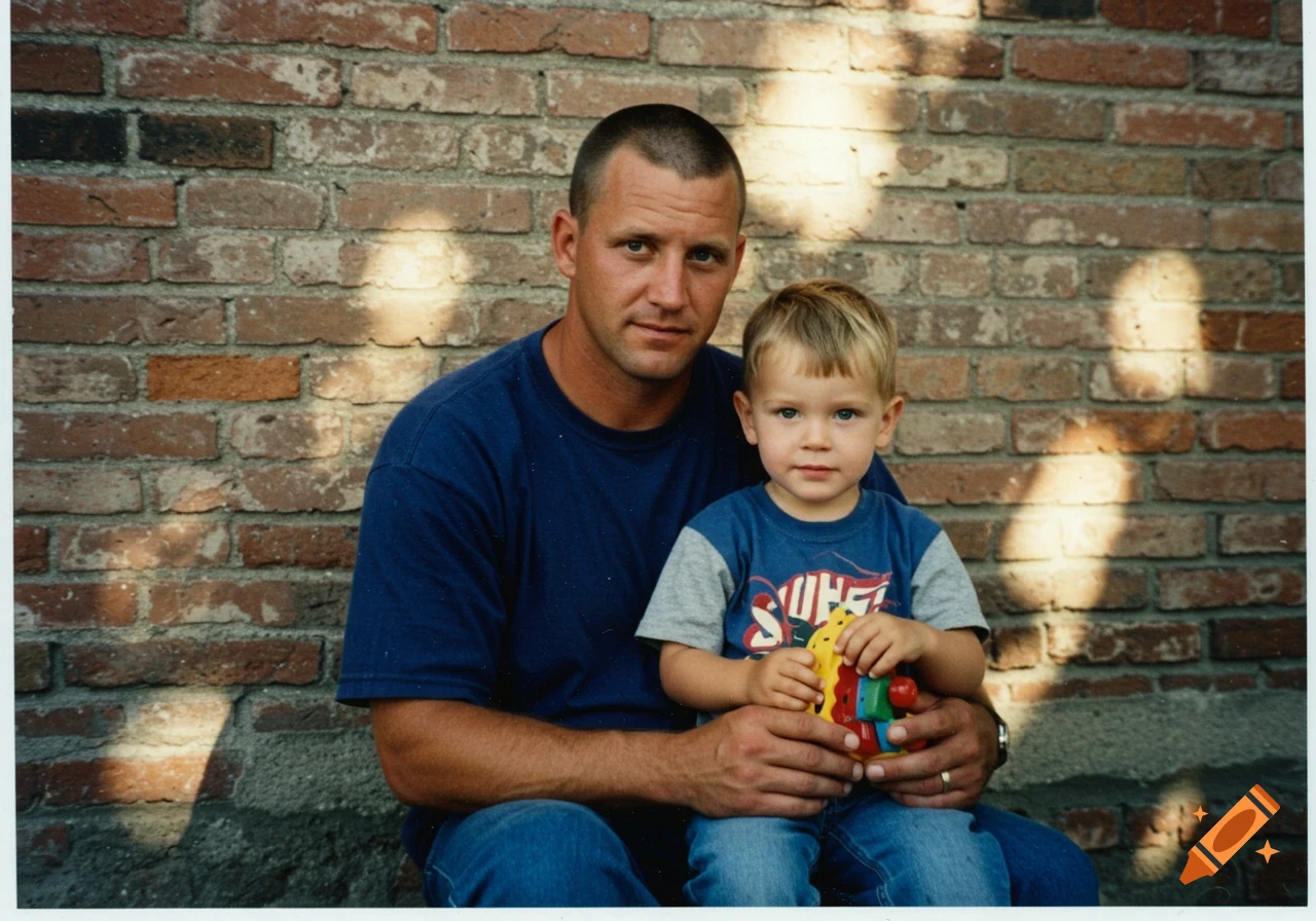 A man with a buzzcut and a young boy with blond hair sit against a brick wall, the boy holding a toy, in a 1990s style photograph.