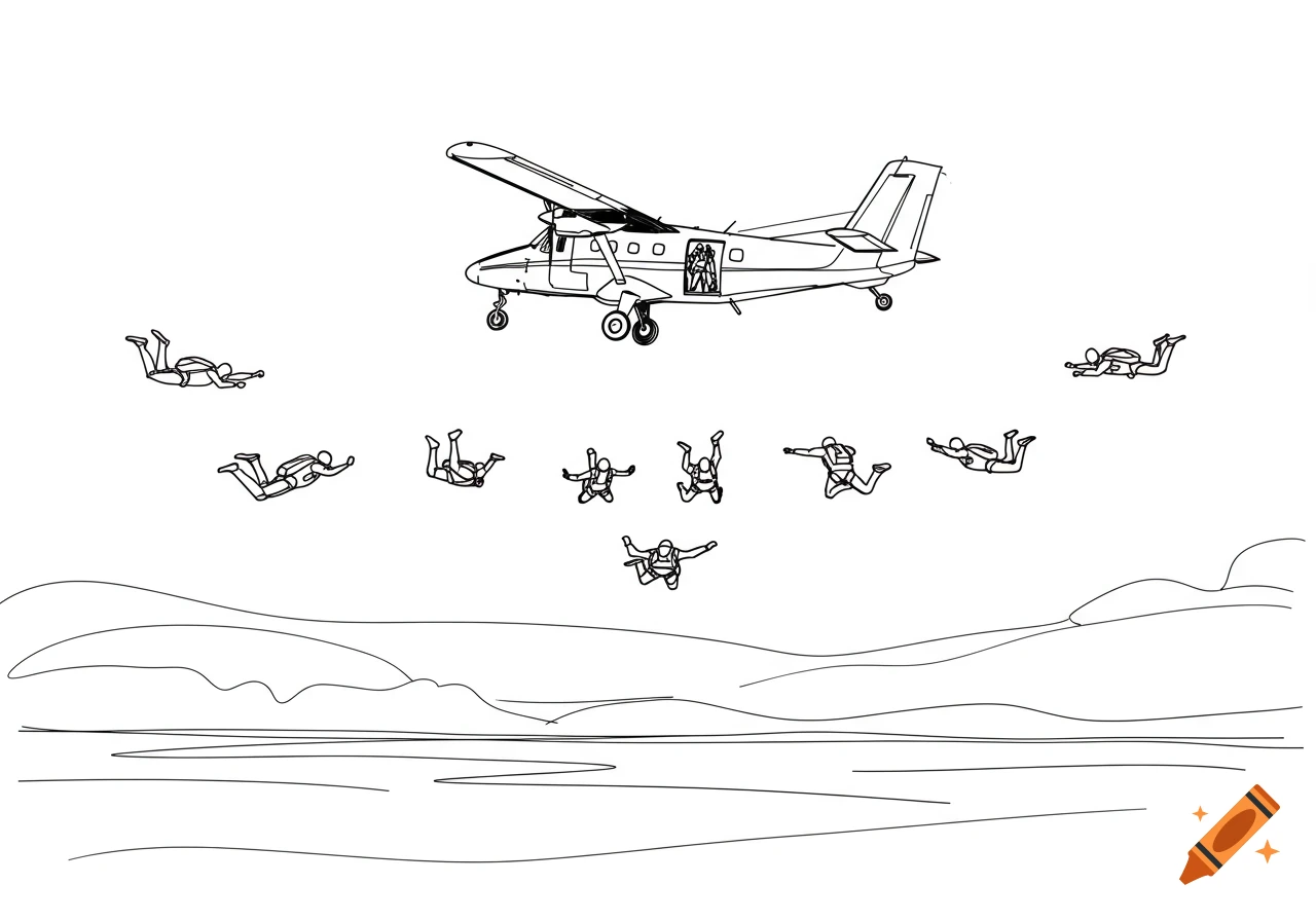A line drawing depicts several skydivers falling from a small airplane above a landscape.