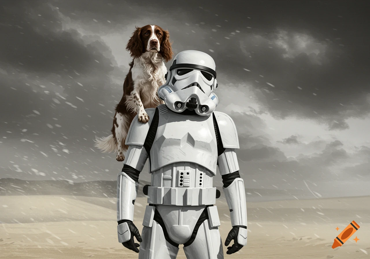 A stormtrooper standing in a desolate, snowy landscape with a brown and white springer spaniel perched on their shoulder.