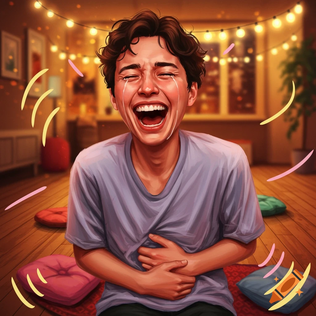An expressive illustration of a person laughing so hard they are crying, tears streaming down their face, in a room with string lights.