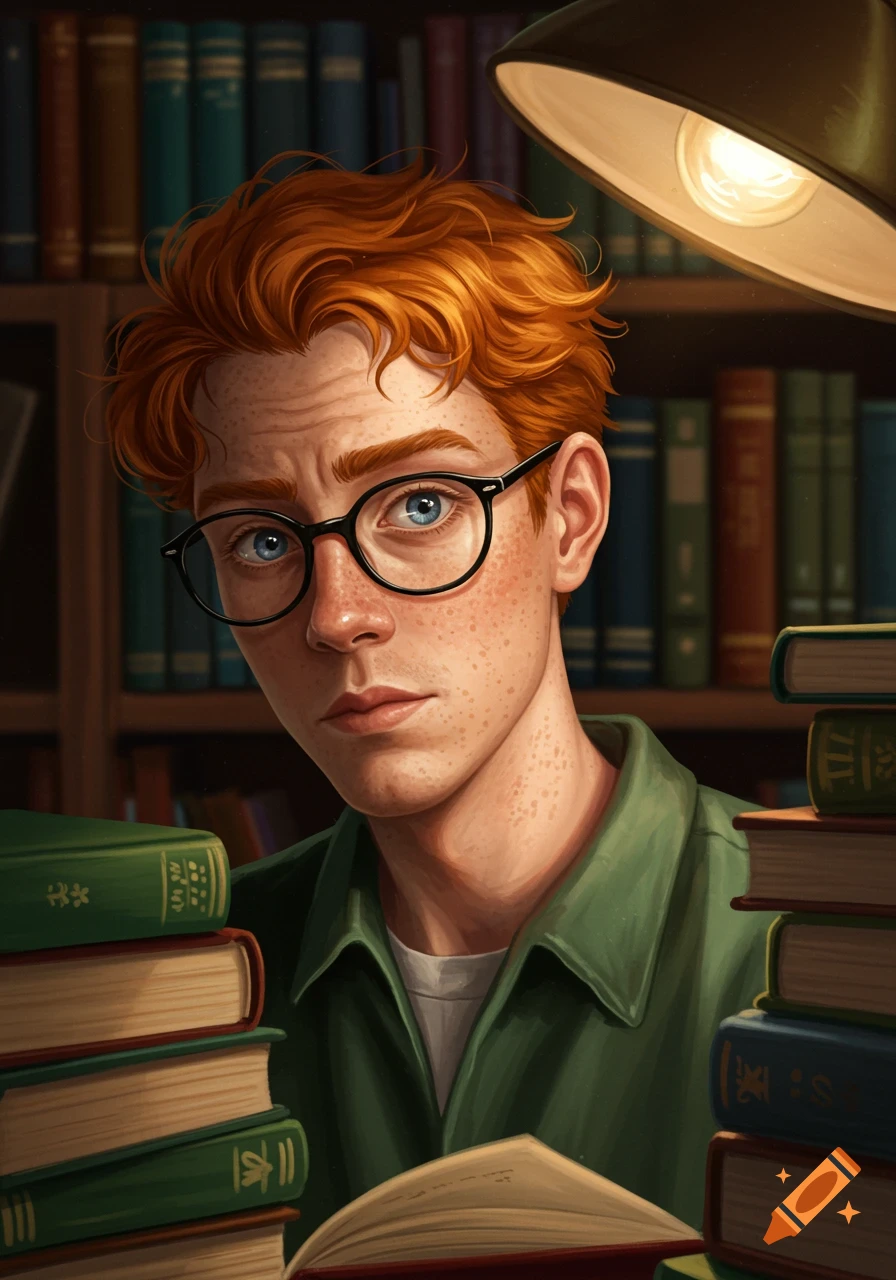An illustration of a red-haired, freckled young man in glasses, intently reading a book in a library under a desk lamp.