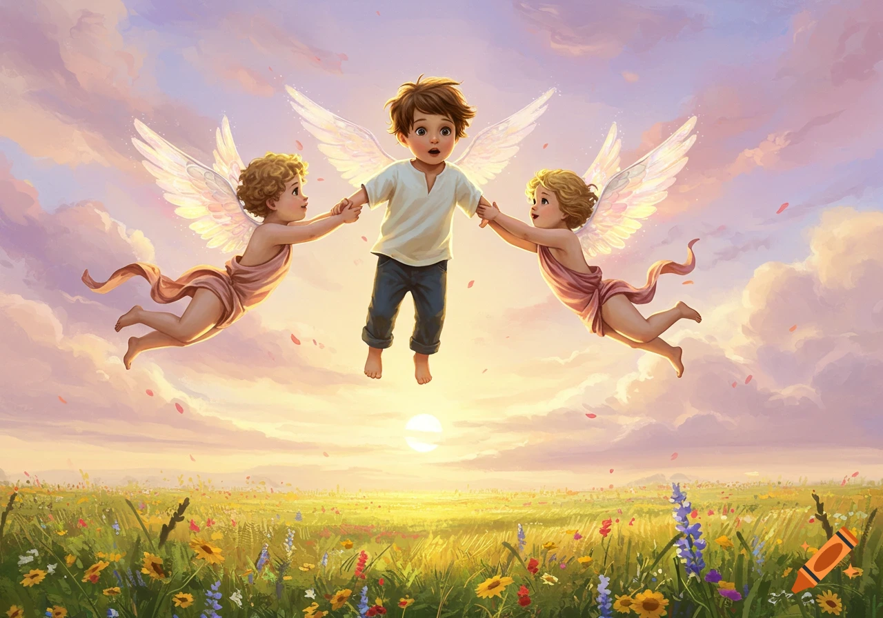 Two angelic cupids with wings fly with a child in a field at sunset, holding hands. Stylized digital art.