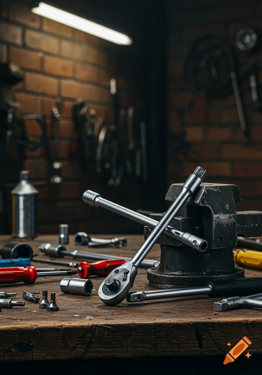 A close-up of a ratchet, extension bars, and various tools on a wooden workbench in a workshop with a brick wall.