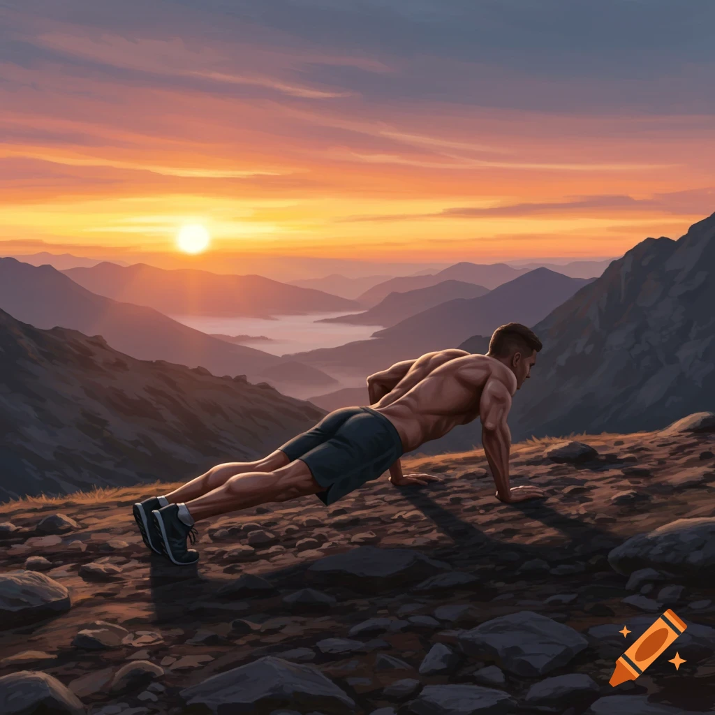 A muscular man doing push-ups on a rocky mountain at sunset, with a scenic mountain range and misty valleys in the background.