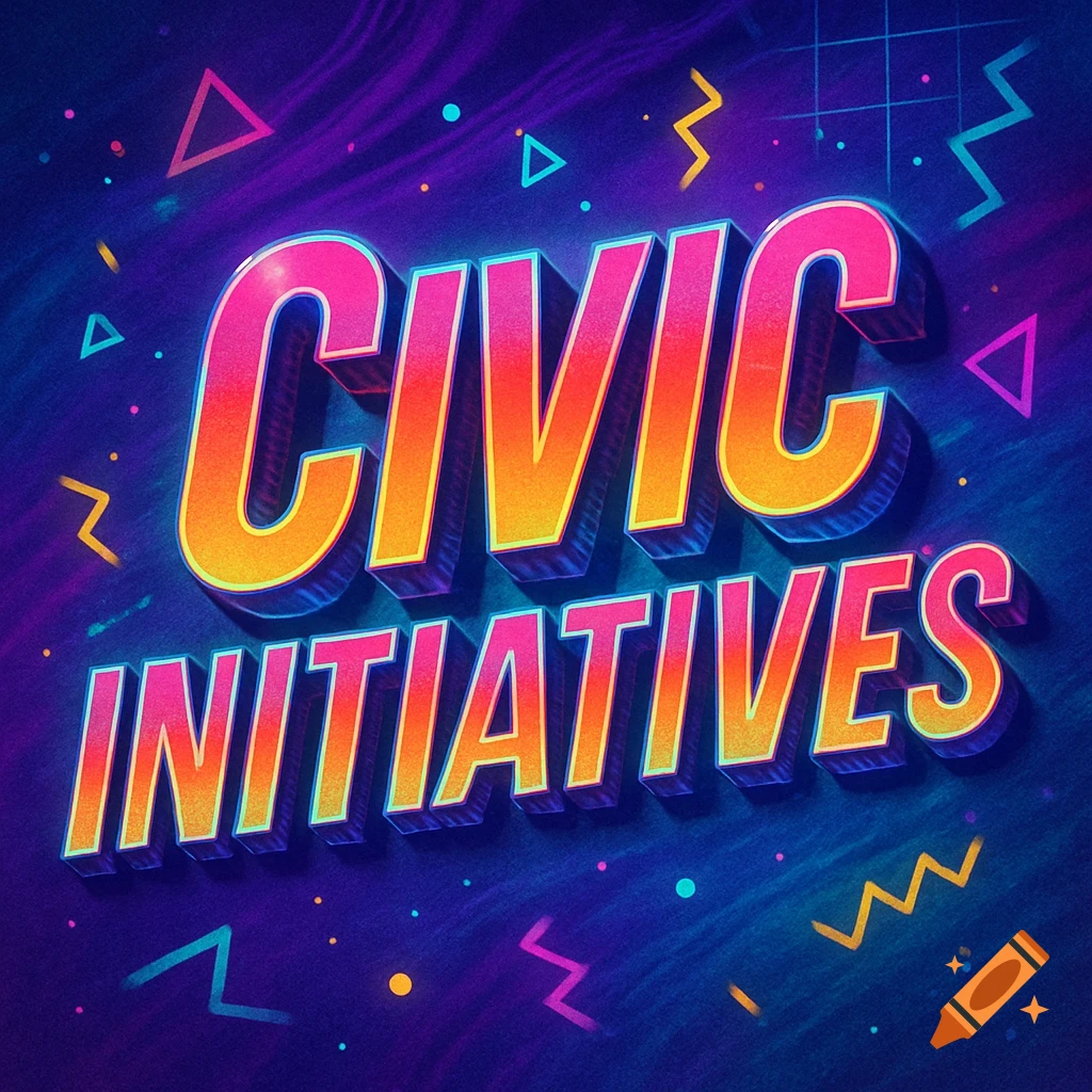 3D neon text reading 'CIVIC INITIATIVES' in a vibrant 1980s retro style with geometric shapes on a dark background.