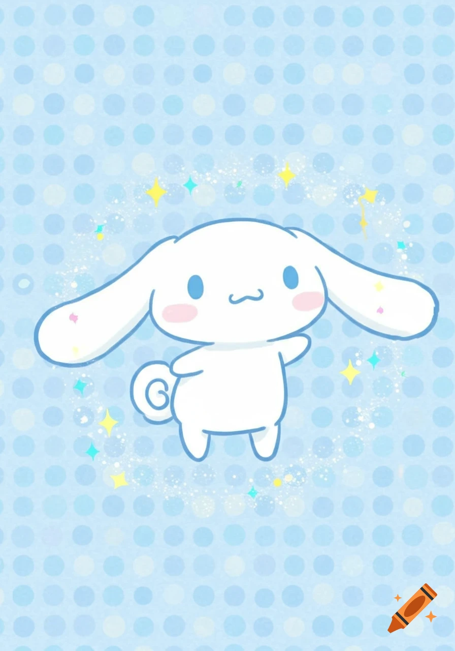 A cute white cartoon character, Cinnamoroll, with long ears, blue eyes, and pink cheeks, stands against a light blue polka dot background with sparkling stars.