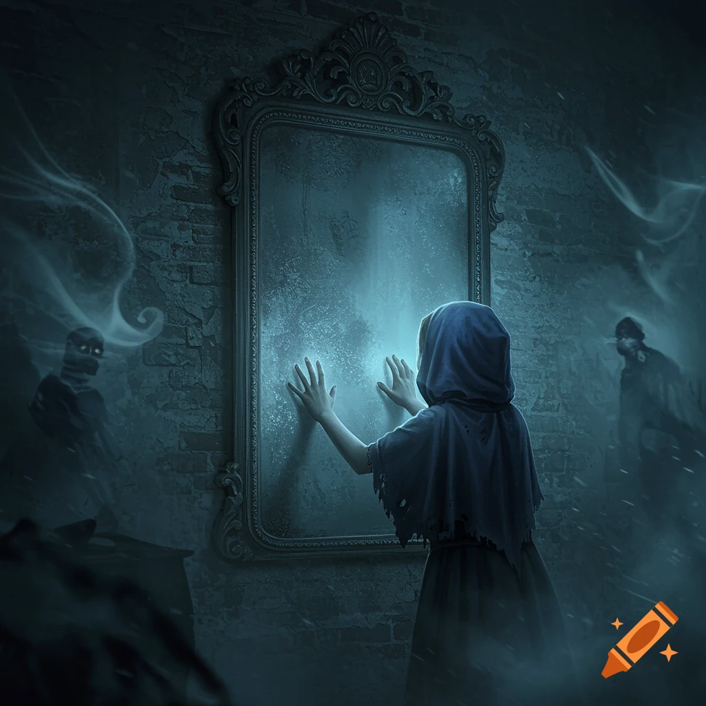 A hooded figure reaches out to a glowing mirror, with ghostly figures lurking in the dark, creepy room. Digital art.